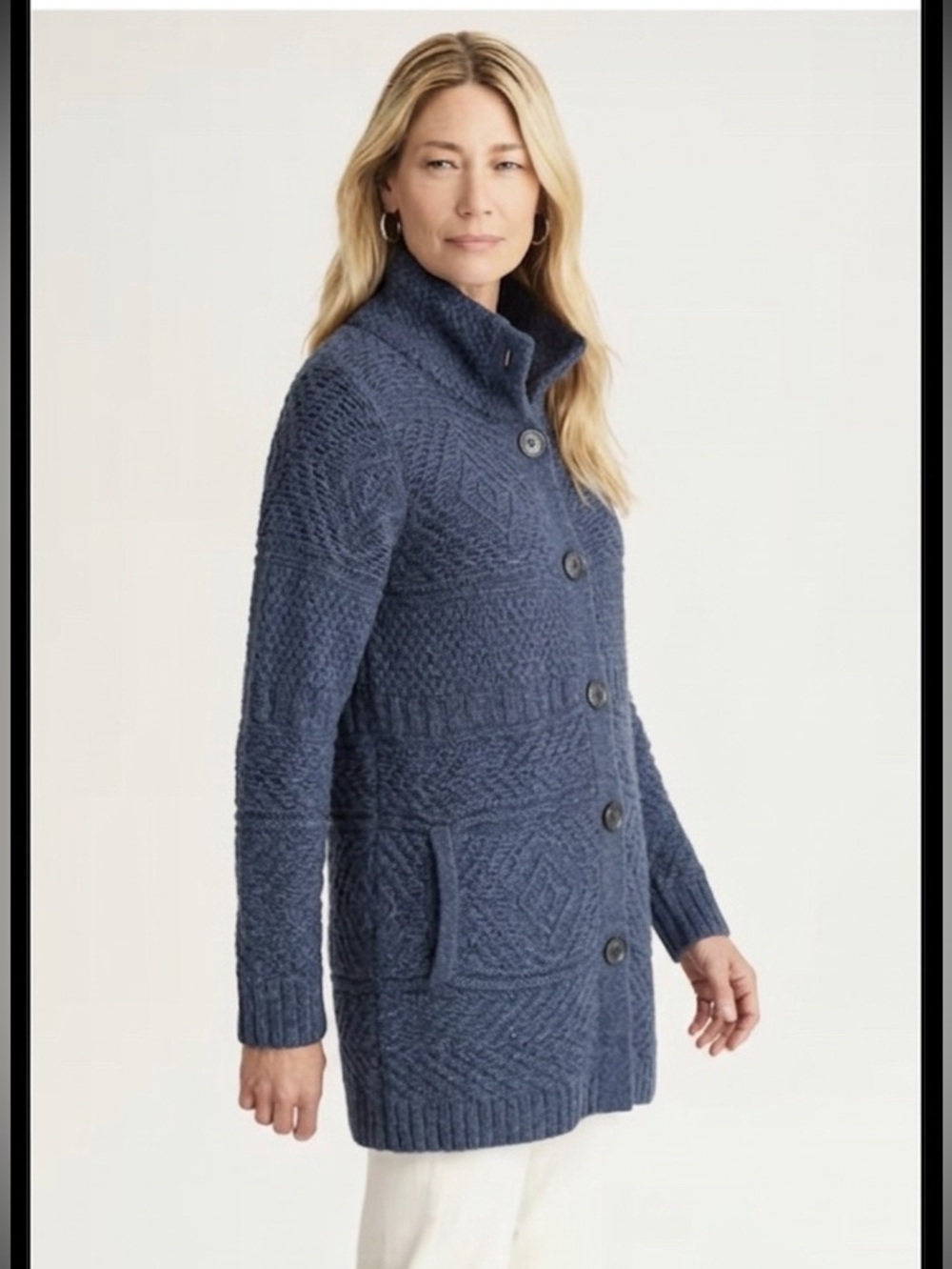 J Jill size L Navy Wool blend long chunky cable knit cardigan sweater Lagenlook
